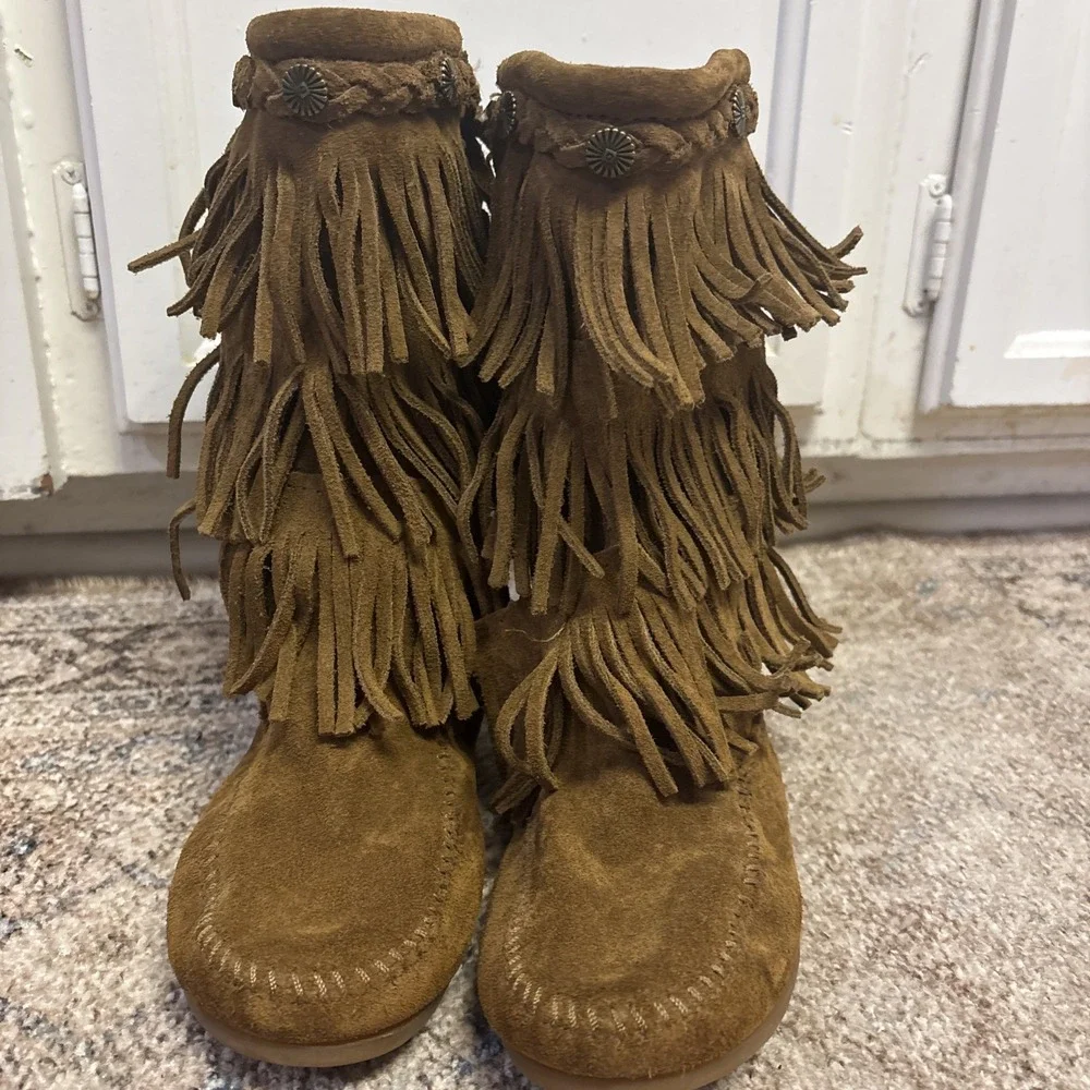 Minnetonka Boots Kids Size 4 Brown Suede‎ 3-Layer Fringe Western Zip Moccasin